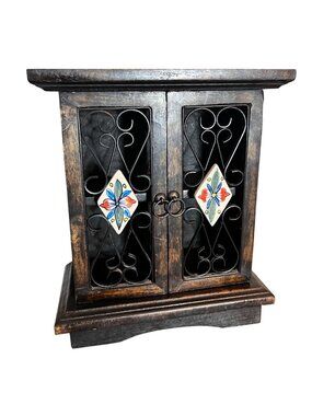 Vintage Spanish Apothocary Cabinet With Scrollwork Doors And Tile Insets